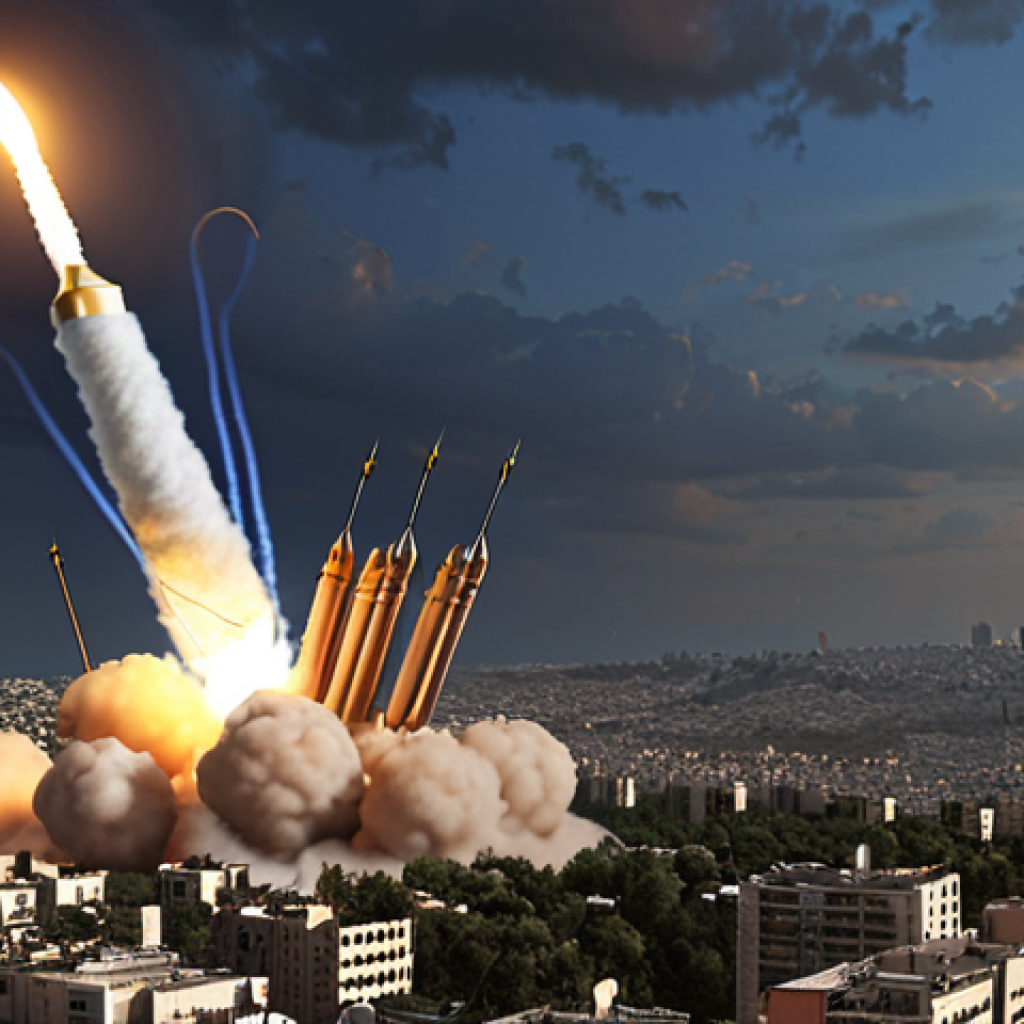 **Prompt:** Israeli Iron Dome defense system intercepting rockets over a city skyline. Dramatic lighting, realistic rendering, emphasize technology and protection.