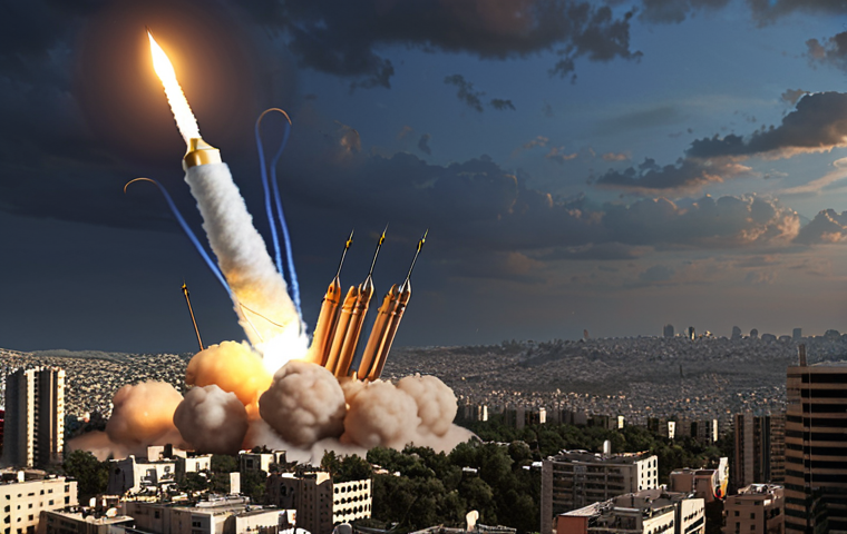 **Prompt:** Israeli Iron Dome defense system intercepting rockets over a city skyline. Dramatic lighting, realistic rendering, emphasize technology and protection.