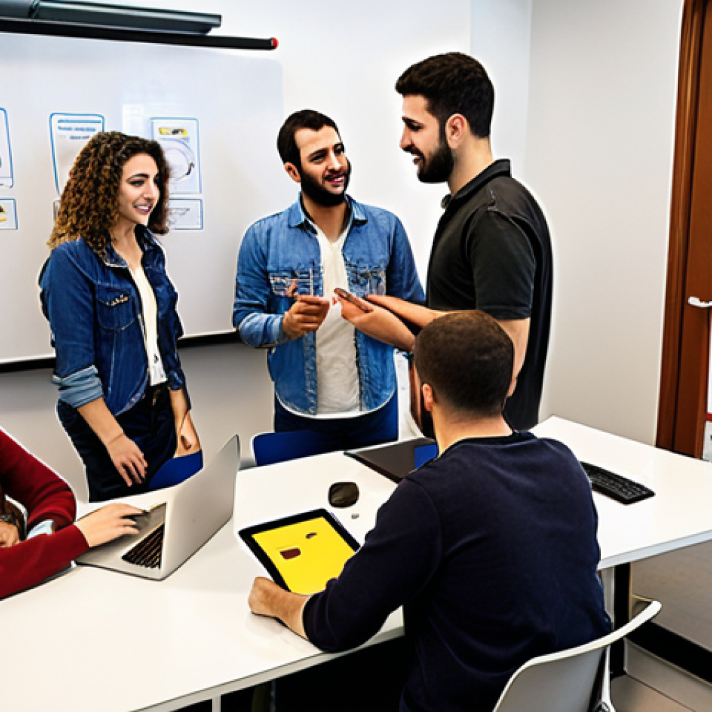**

A group of young Israeli and Palestinian entrepreneurs collaborating on a tech project in a modern co-working space. The atmosphere is positive and energetic, with diverse individuals brainstorming ideas and working on laptops. Background elements include a whiteboard with diagrams and a display showcasing a jointly developed mobile app for agricultural product delivery. Focus on portraying innovation, collaboration, and economic opportunity.

**