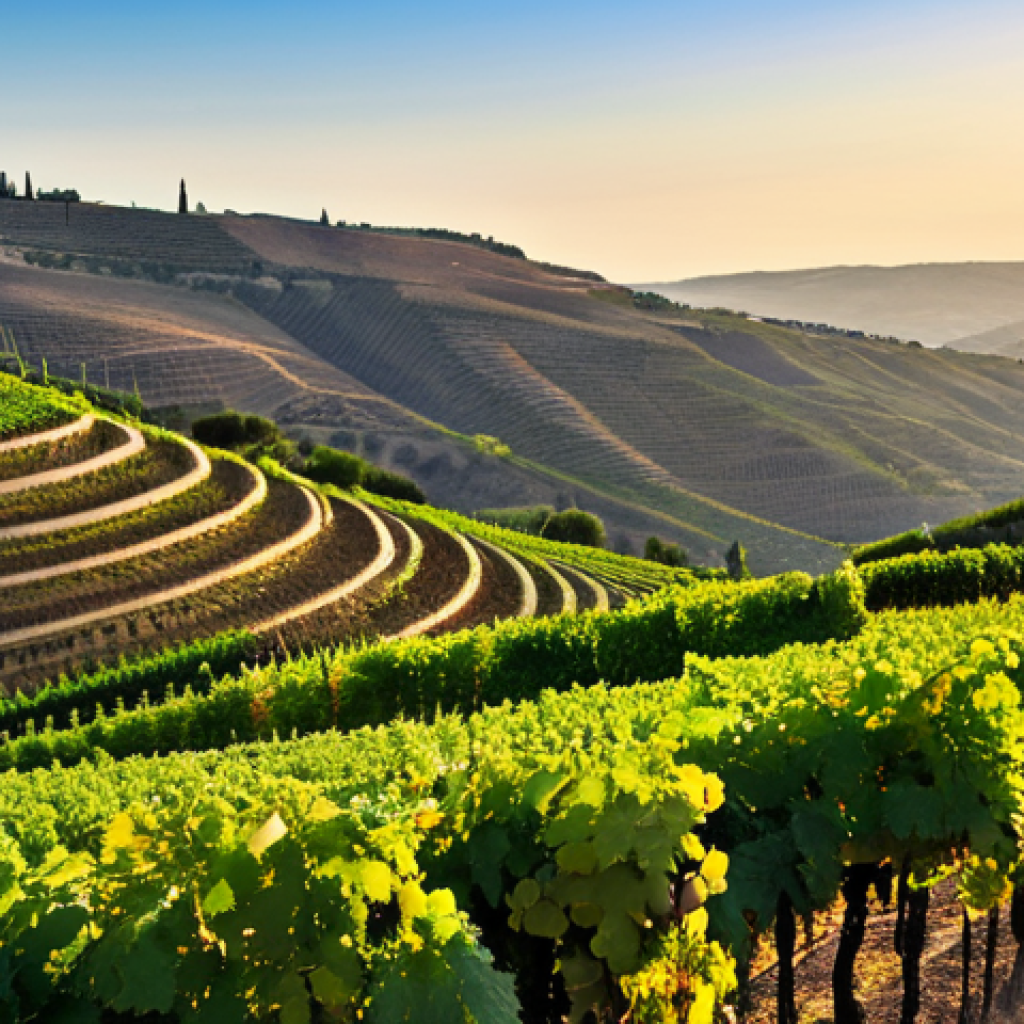 Vineyard Vista**

"A panoramic view of an Israeli vineyard in the Galilee region, showcasing rows of grapevines on terraced hillsides. The sun is setting, casting a warm golden light. In the background, rolling hills and a clear blue sky. The scene should convey a sense of serenity and the beauty of the landscape. People are seen touring the area in modest clothing.  Safe for work, appropriate content, fully clothed, professional, natural scenery, high resolution, perfect composition, showcasing sustainable agriculture."

**