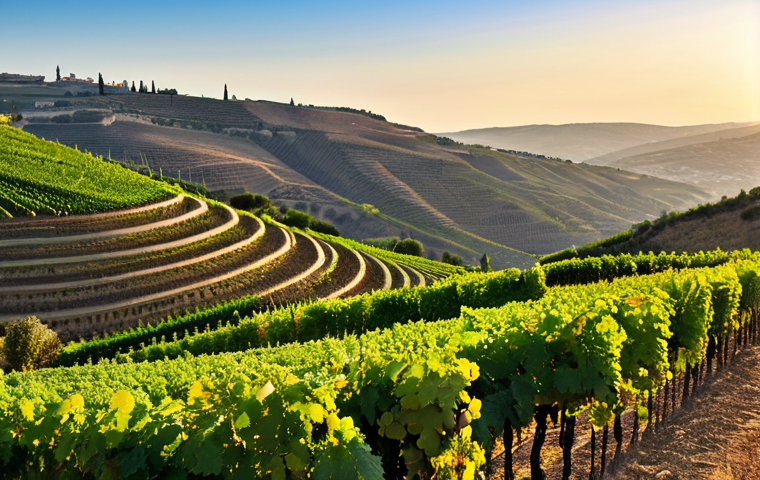 Vineyard Vista**

"A panoramic view of an Israeli vineyard in the Galilee region, showcasing rows of grapevines on terraced hillsides. The sun is setting, casting a warm golden light. In the background, rolling hills and a clear blue sky. The scene should convey a sense of serenity and the beauty of the landscape. People are seen touring the area in modest clothing.  Safe for work, appropriate content, fully clothed, professional, natural scenery, high resolution, perfect composition, showcasing sustainable agriculture."

**