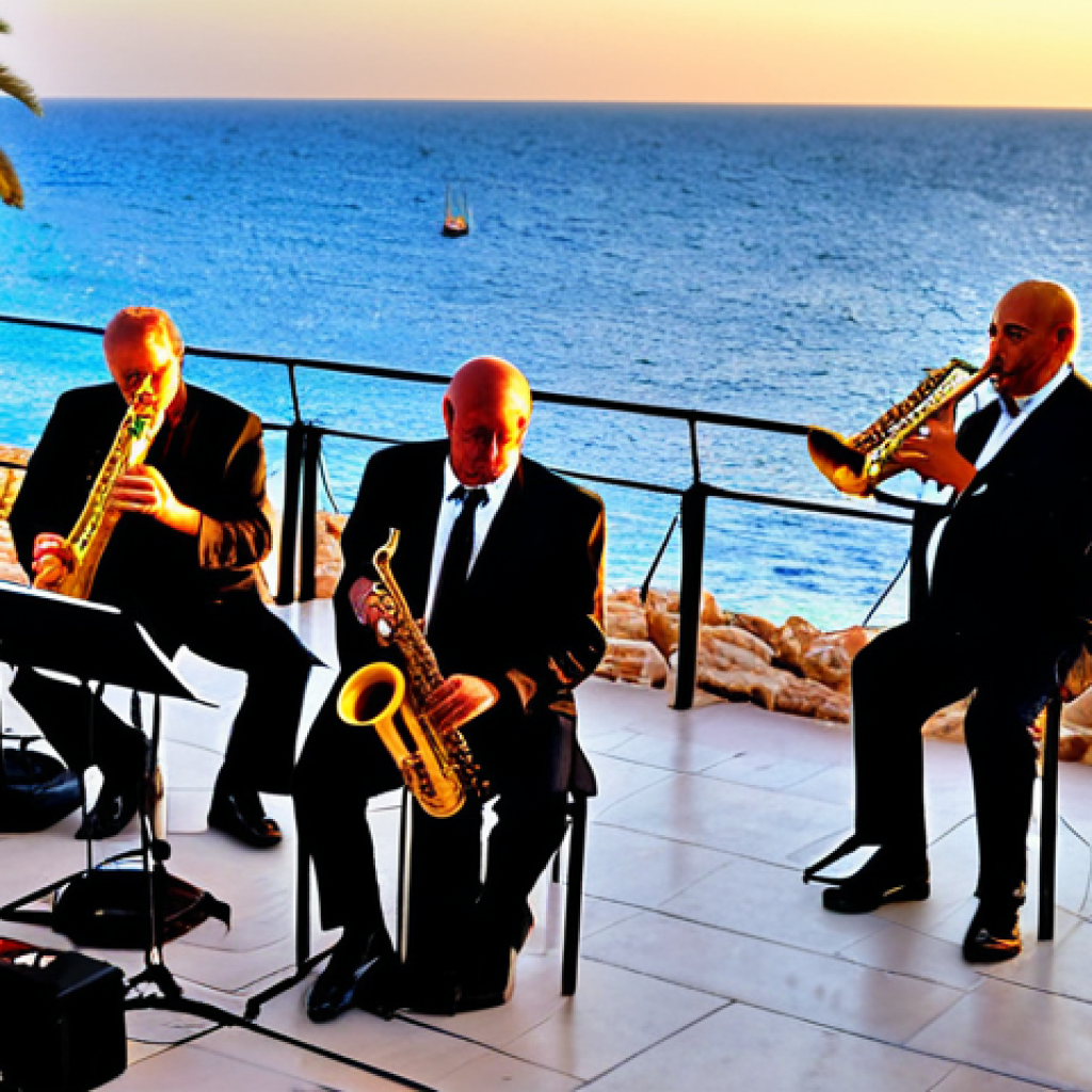 Eilat Jazz Festival**

"A lively outdoor jazz performance at sunset in Eilat, Israel. The stage is set against the backdrop of the Red Sea, with palm trees swaying in the breeze. Musicians are fully clothed in professional attire, playing saxophones, trumpets, and drums. Audience members are enjoying the music, some seated at tables with cocktails. Safe for work, appropriate content, fully clothed, professional photography, perfect anatomy, correct proportions, natural pose, well-formed hands, proper finger count, family-friendly."

**