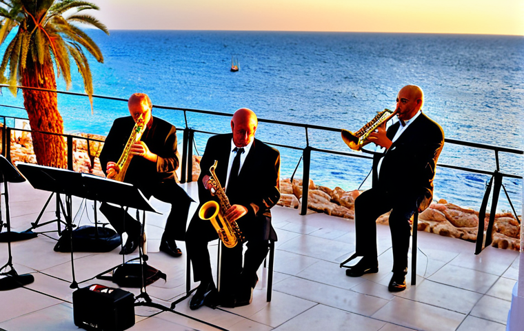 Eilat Jazz Festival**

"A lively outdoor jazz performance at sunset in Eilat, Israel. The stage is set against the backdrop of the Red Sea, with palm trees swaying in the breeze. Musicians are fully clothed in professional attire, playing saxophones, trumpets, and drums. Audience members are enjoying the music, some seated at tables with cocktails. Safe for work, appropriate content, fully clothed, professional photography, perfect anatomy, correct proportions, natural pose, well-formed hands, proper finger count, family-friendly."

**