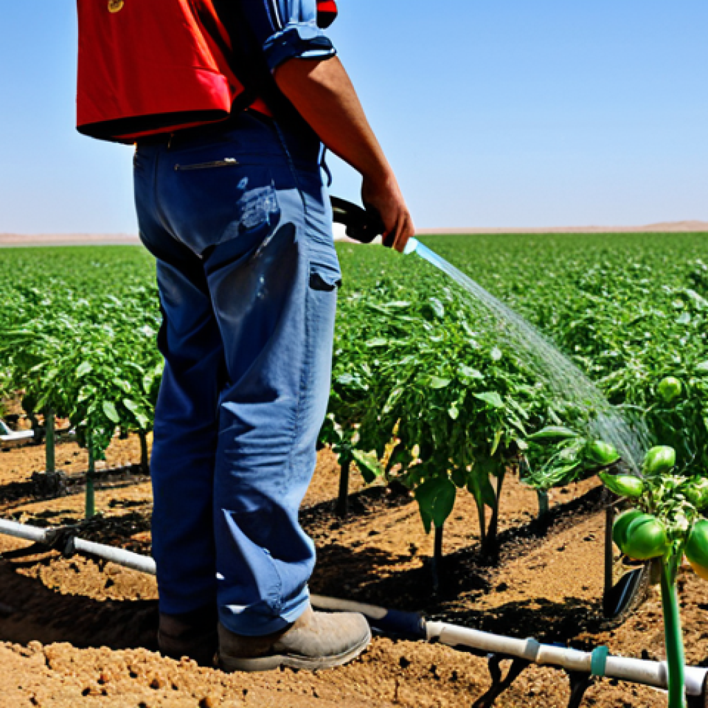 Smart Irrigation in the Desert**

"A fully clothed Israeli farmer inspecting a field of thriving tomato plants in the desert, utilizing drip irrigation, safe for work, appropriate content, demonstrating water conservation. Background: arid landscape, clear blue sky. Focus on the technology and healthy crops. professional, perfect anatomy, natural proportions, modest clothing."

**