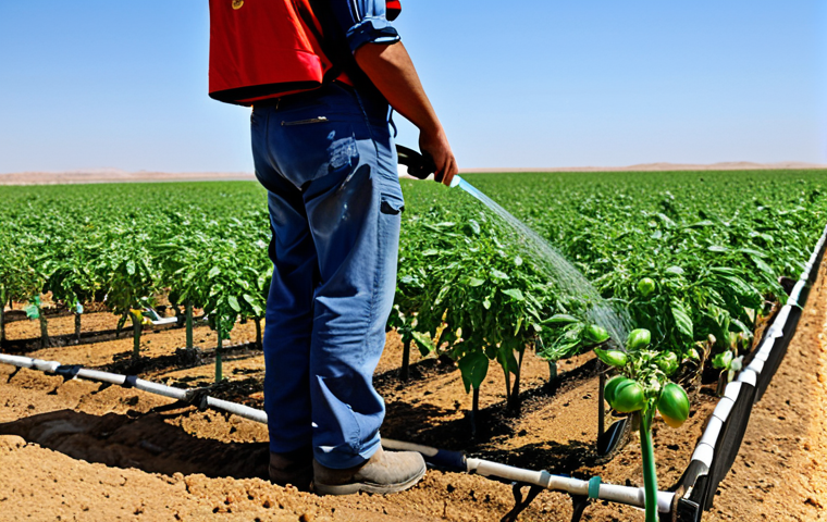 Smart Irrigation in the Desert**

"A fully clothed Israeli farmer inspecting a field of thriving tomato plants in the desert, utilizing drip irrigation, safe for work, appropriate content, demonstrating water conservation. Background: arid landscape, clear blue sky. Focus on the technology and healthy crops. professional, perfect anatomy, natural proportions, modest clothing."

**