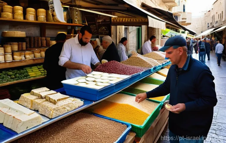 이스라엘에서의 푸드 투어 추천 - **Prompt:** A vibrant, bustling, and sensory-rich scene from the Shuk HaCarmel market in Tel Aviv. T...