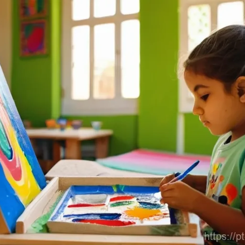 이스라엘에서의 예술 치료 프로그램 - **Prompt:** A vibrant, sun-drenched art therapy studio in Israel. A young child, approximately 7 yea...