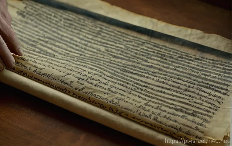 이스라엘의 역사적 문서 보존 프로젝트 - **Prompt:** A close-up shot of an ancient, weathered parchment scroll, its delicate texture and fade...