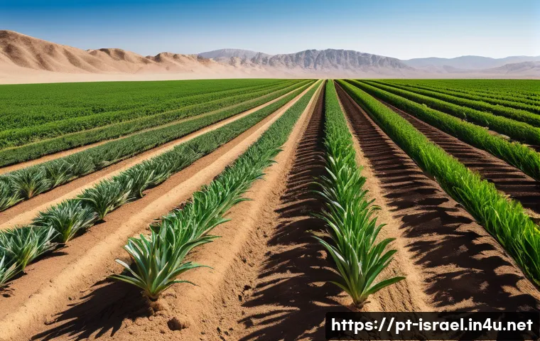 이스라엘의 주요 식물 연구소 - A high-tech agricultural field in an arid region featuring rows of drought-tolerant crops flourishin...