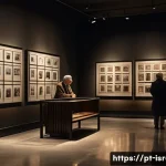 이스라엘 역사 박물관  예루살렘의 홀로코스트 박물관 - A solemn museum interior scene depicting a Holocaust exhibition room with dim lighting and minimalis...