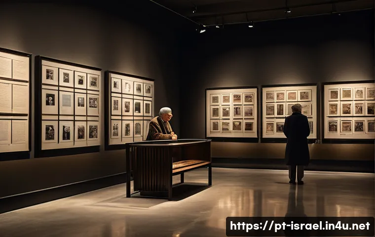 이스라엘 역사 박물관  예루살렘의 홀로코스트 박물관 - A solemn museum interior scene depicting a Holocaust exhibition room with dim lighting and minimalis...