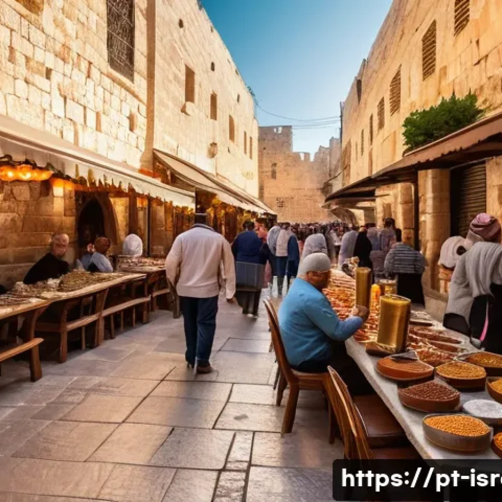 이스라엘 관광에서의 주요 주제 - A vibrant street scene in Jerusalem’s Old City during the golden hour, featuring a diverse crowd of ...