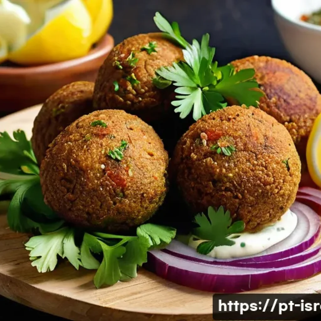 이스라엘 요리 교실 - A close-up of a golden-brown falafel ball resting on a rustic wooden board, surrounded by fresh pars...