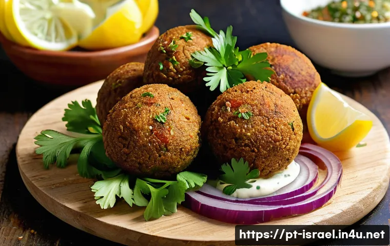 이스라엘 요리 교실 - A close-up of a golden-brown falafel ball resting on a rustic wooden board, surrounded by fresh pars...