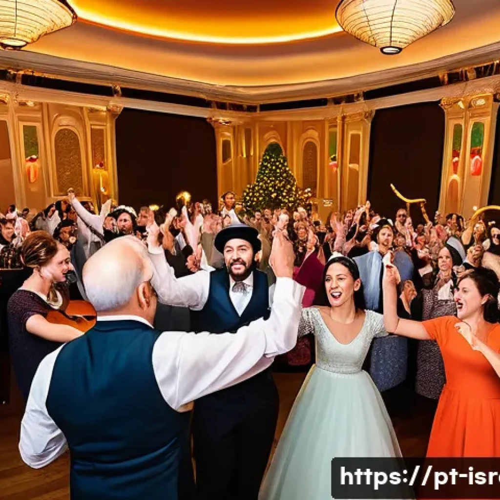 이스라엘의 전통 결혼식 음악 - A lively Jewish wedding celebration scene featuring a large group of diverse guests joyfully dancing...