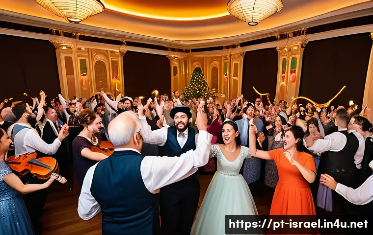 이스라엘의 전통 결혼식 음악 - A lively Jewish wedding celebration scene featuring a large group of diverse guests joyfully dancing...