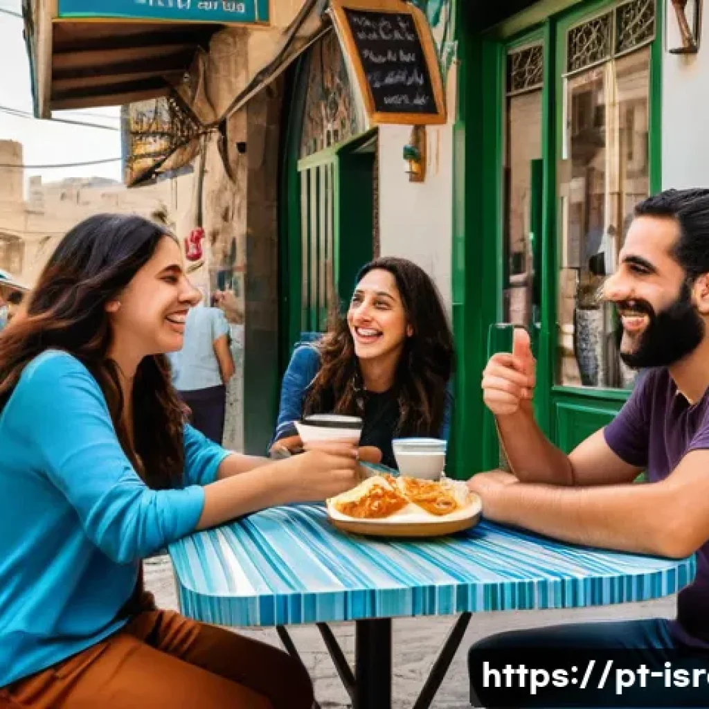 이스라엘에서 자주 사용하는 히브리어 문구 - A lively Israeli street café scene during daytime, featuring a diverse group of friends warmly greet...