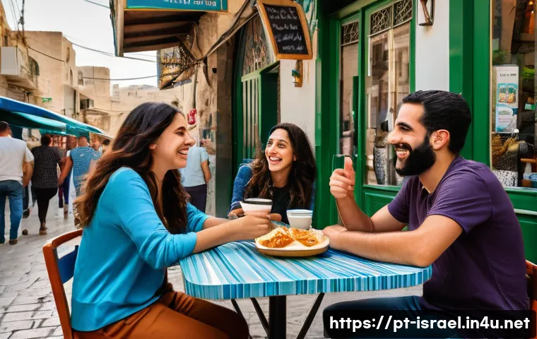 이스라엘에서 자주 사용하는 히브리어 문구 - A lively Israeli street caf&eacute; scene during daytime, featuring a diverse group of friends warmly greet...