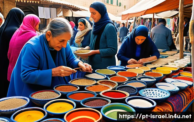 이스라엘에서 구매할 수 있는 독특한 기념품 - A vibrant marketplace scene in Jerusalem featuring local artisans displaying traditional handcrafted...