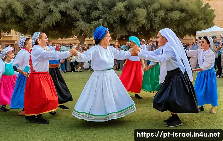 이스라엘의 전통 및 현대 무용 - A vibrant community celebration in Israel featuring families and diverse age groups performing the t...