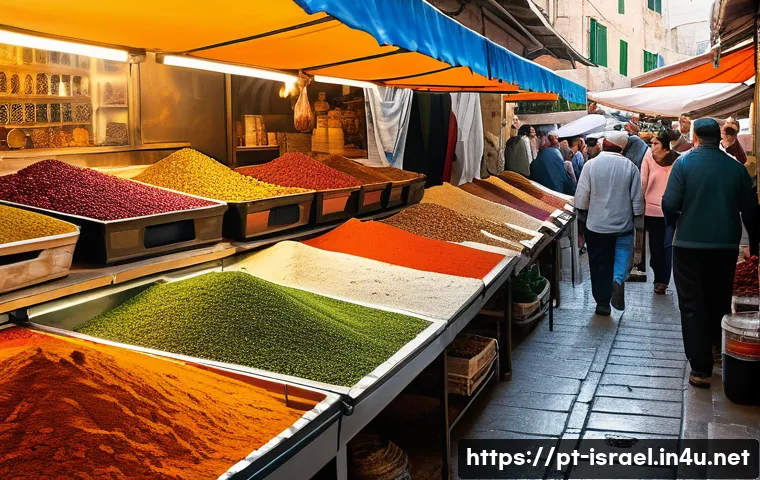 이스라엘의 전통 시장과 레스토랑 탐방 - A bustling traditional Israeli market scene in Jerusalem’s Mahane Yehuda, vibrant stalls overflowing...