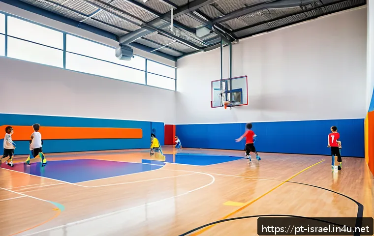 이스라엘에서의 실내 스포츠 시설 - A modern indoor sports center in Tel Aviv filled with diverse activity zones: a safe, colorful child...