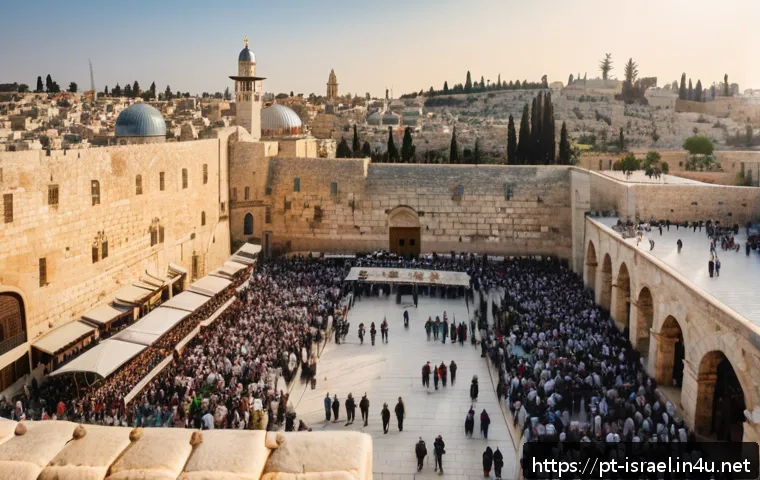 이스라엘 역사 투어 가이드 - A detailed panoramic view of the ancient city of Jerusalem's Old City at golden hour, highlighting t...