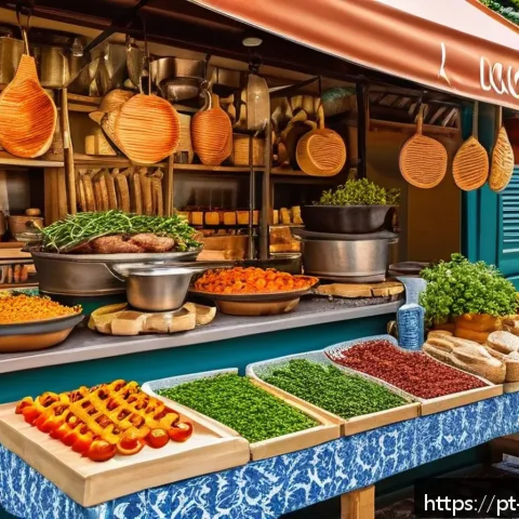 이스라엘의 주요 도시 텔아비브의 특징 - A vibrant Mediterranean-inspired street food market scene in a sunny Portuguese city, featuring colo...