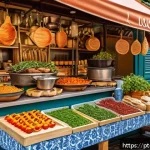 이스라엘의 주요 도시 텔아비브의 특징 - A vibrant Mediterranean-inspired street food market scene in a sunny Portuguese city, featuring colo...