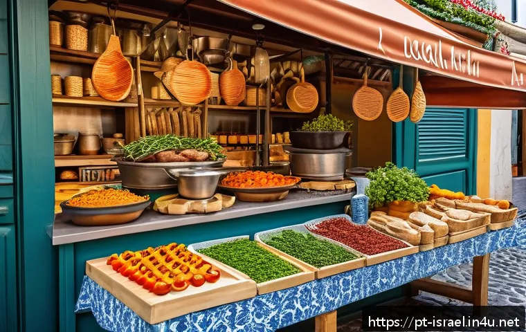 이스라엘의 주요 도시 텔아비브의 특징 - A vibrant Mediterranean-inspired street food market scene in a sunny Portuguese city, featuring colo...