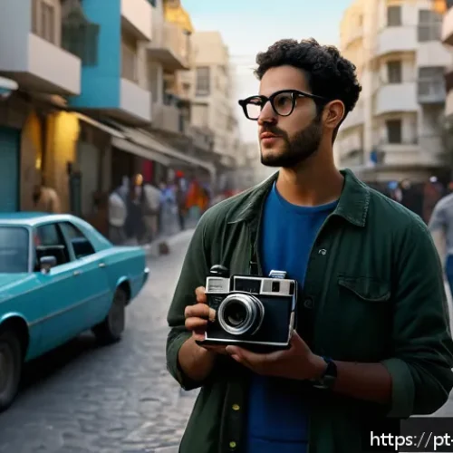 이스라엘의 영화 산업 - A vibrant, cinematic scene depicting a young Israeli filmmaker set against a backdrop of a multicult...