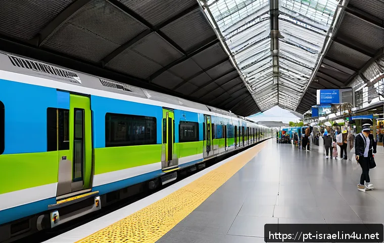 이스라엘의 주요 철도 노선 - A modern urban Israeli railway station bustling with diverse passengers including elderly people usi...