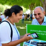 이스라엘에서의 자선 활동과 기부 문화 - A vibrant community event in an Israeli neighborhood park, showing diverse groups of people includin...