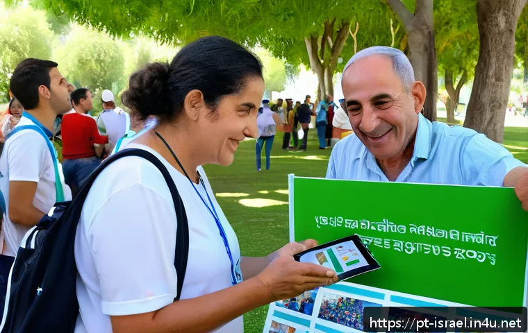 이스라엘에서의 자선 활동과 기부 문화 - A vibrant community event in an Israeli neighborhood park, showing diverse groups of people includin...