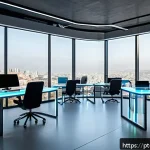 이스라엘 스타트업 창업 사례 - A modern high-tech Israeli startup office interior, showcasing a diverse team of professionals colla...