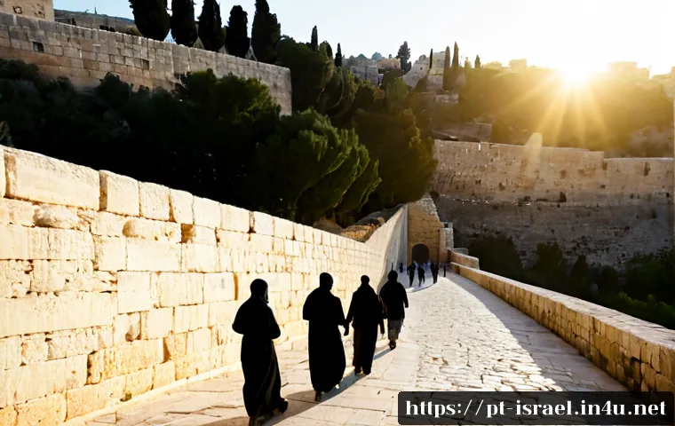 이스라엘 역사와 종교의 관계성 - Photorealistic dawn view of ancient Jerusalem’s stone walls and sacred hilltop architecture, a diver...