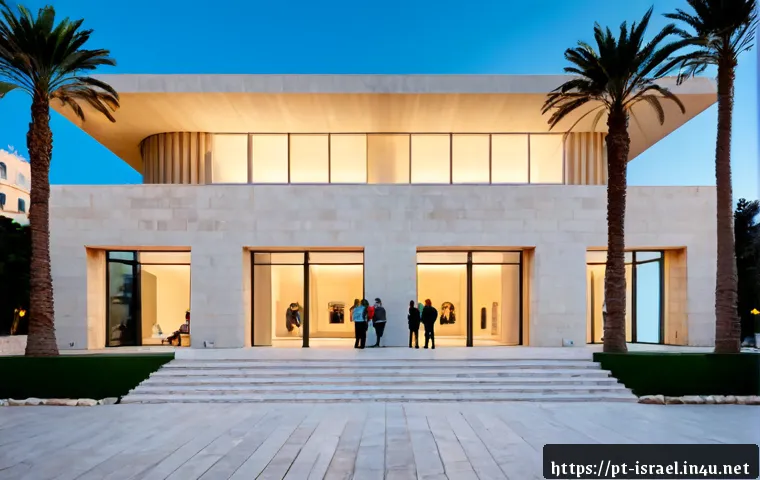 이스라엘의 문화예술센터 - Photorealistic exterior of a contemporary cultural arts center in Tel Aviv at golden hour, elegant l...